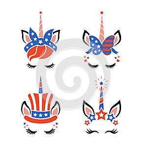 Patriotic unicorn faces with symbols of the USA. Happy 4th of july. Independence day