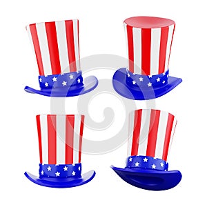 Patriotic USA flag Uncle Sam hat 3D icon. Happy Independence Day illustration for 4th of July poster or card design.