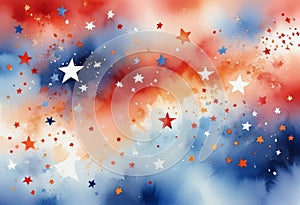 Patriotic Watercolor Explosion: Red, White, and Blue Stars in a Festive Independence Day Abstract photo