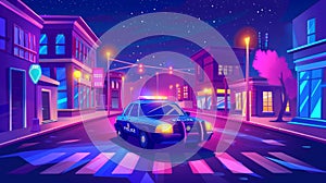 Patrol car with signaling riding an empty city street with buildings, glowing neon signboards, crossings and traffic