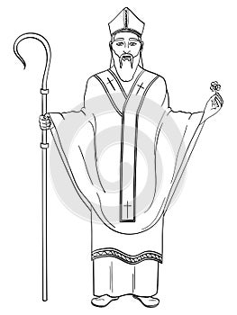Patron saint of Ireland. Saint Patrick holding a trefoil and crosier staff with greeting ribbon. Object Coloring book