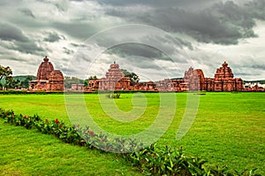 Pattadakal temple complex breathtaking stone art from different angle with amazing sky photo