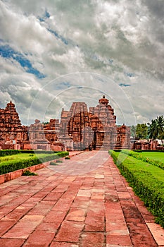 Pattadakal temple complex group of monuments breathtaking stone art with dramatic sky photo