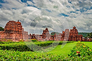 Pattadakal temple complex group of monuments breathtaking stone art with dramatic sky photo