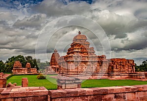 Pattadakal temple group of monuments breathtaking stone art from different angle with dramatic sky