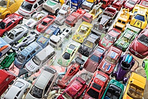 PATTATA THAILAND OCTOBER 4 : Many small toy cars colorful lined up on the beautiful glass on October 4, 2015. at Pattaya Chonburi