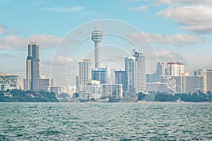 Pattaya City view from sea. of building city and bay with ships. Panorama aerial view of Pattaya city in Thailand. wide image