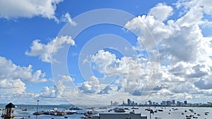 Pattaya cityscape with blue sea and blue sky and cloud. pattaya is famous city about sea sport and night life entertainment, Thail