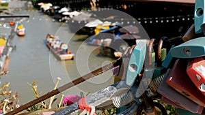 Pattaya Floating Market. Tourist Wooden Boat moving along the Water. Thailand, Asia