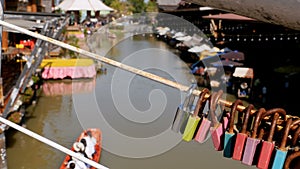 Pattaya Floating Market. Tourist Wooden Boat moving along the Water. Thailand, Asia