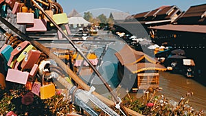 Pattaya Floating Market. Tourist Wooden Boat moving along the Water. Thailand, Asia