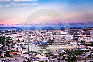 Pattaya, Thailand - April 30, 2019: Pattaya City and Sea with suset, Thailand. Pattaya city skyline and pier at suset in