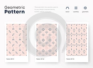 Set of seamless diamonds patterns. Pink and white line backgrounds collection.