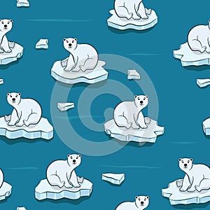 Seamless pattern of Polar Bear, Isolated white bears sitting on icebergs at Arctic.