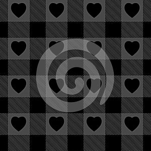 Heart gingham seamless pattern, black , grey