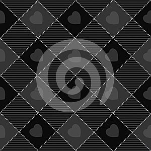 Heart gingham seamless pattern, black , grey