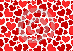 A lovely seamless pattern with red hearts of various shapes on a white background.