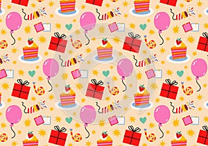 Cute colorful seamless Birthday pattern in retro cartoon style.