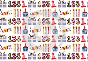 Cute seamless Birthday pattern in retro cartoon style.