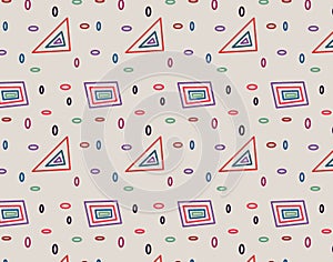 Pattern with abstract colorful triangles, squares and ovals