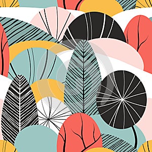 Pattern. Abstract seamless  background with plants, leaves, forest theme. Hand draw texture, vector template