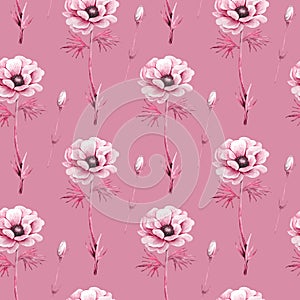 Pattern with anemone flowers on a pink background