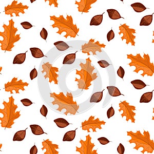 A pattern of autumn leaves in brown and orange tones. Fallen leaves. Flat design. Great for creating backgrounds