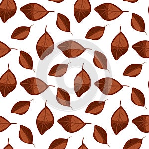 Pattern of autumn leaves in brown tones. Fallen leaves. Fashionable flat style. Great for creating backgrounds, clothing