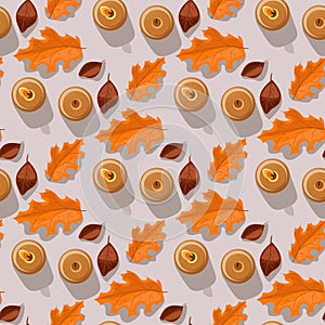 A pattern of autumn leaves and candles in brown and orange tones on a gray background with a shadow. Fallen leaves. Flat