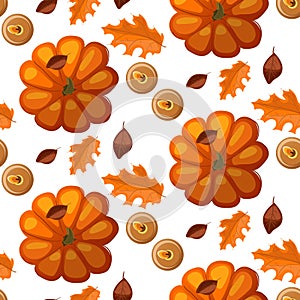 A pattern of autumn leaves, candles and pumpkins in brown and orange tones on a gray background with a shadow. Fallen