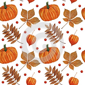 Pattern Autumn leaves and pumpkin Illustrations Watercolor Botanical Digital paper Textile Autumn Autumn Decor Wallpaper Scrapbook