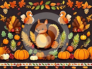 pattern autumn leaves turkey corn pumpkin hedgehog, squirrel, Happy Thanksgiving card decor