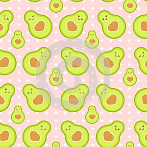 Pattern with avocado, texture with hearts, Seamless pattern on a pink background with white hearts.