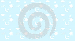 Pattern for baby bedding. Light blue background with moon, stars, clouds and sun motifs