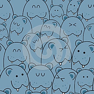 Pattern background cute animal with hippo blue color vector illustration.