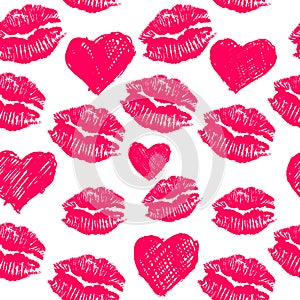 Pattern background with lipsticks prints and doodle hea