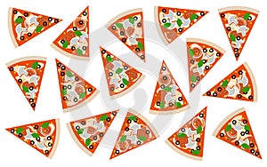 Pattern background made of top view of pizza pieces on white background