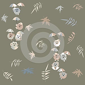 a pattern without a background of pomeranian puppies flying on colorful umbrellas