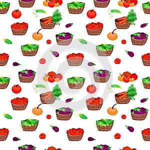 Pattern with baskets of vegetables. Seamless with farmer local products. Backgrounds with aubergine, carrots. Set with