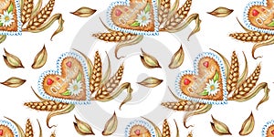 Pattern of Bavarian gingerbread and ears of wheat watercolor