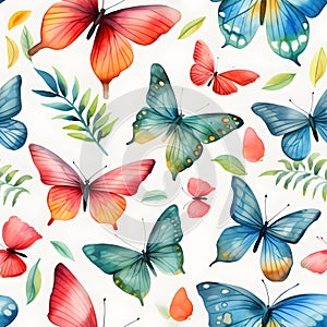 pattern of beautiful butterflys and leafs. Watercolor illustration nature background, Generative AI