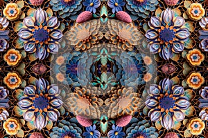 Rapport seamless of autumn flowers with relief for pattern in black background. Generative AI. Pattern mirrored repeat duplicates photo