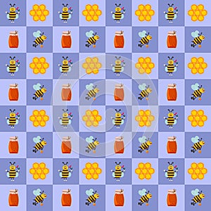 Pattern with bees. Honey in a jar, honeycomb. Cheerful bees are flying.