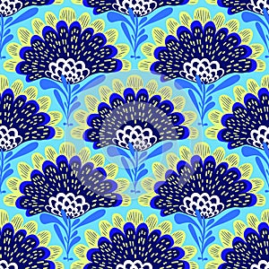 pattern with big blue flowers in damask and turkish style