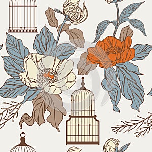Pattern with birdcages and leaves