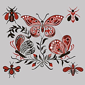 Pattern with black and red butterflies