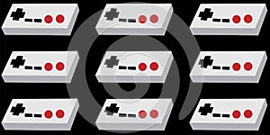 A pattern of black and white and black old retro vintage hipster joysticks, manipulators, consoles from the 80`s, 90`s for a gam