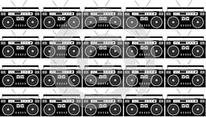 Pattern of black and white and gray, hipster, beautiful, vintage retro audio tape recorders from the 80`s on a white background.