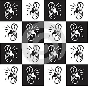 Pattern black and white icon sign silhouette ear and earphone, vector illustration