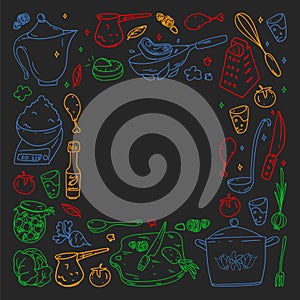 Pattern on blackboard drawn in colorful style, with gastronomy icons, vector cuisine and fast food cafe bright